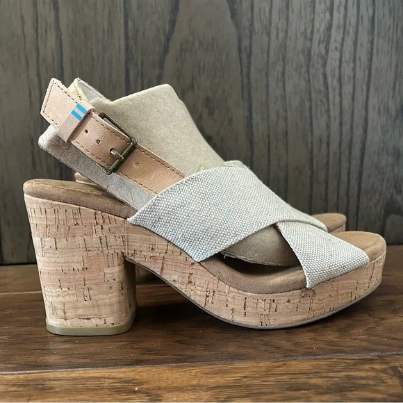 Toms Ibiza Cross Strap Block Heel Sandals Size 6.5 Tan Cork - Picture 2 of 9